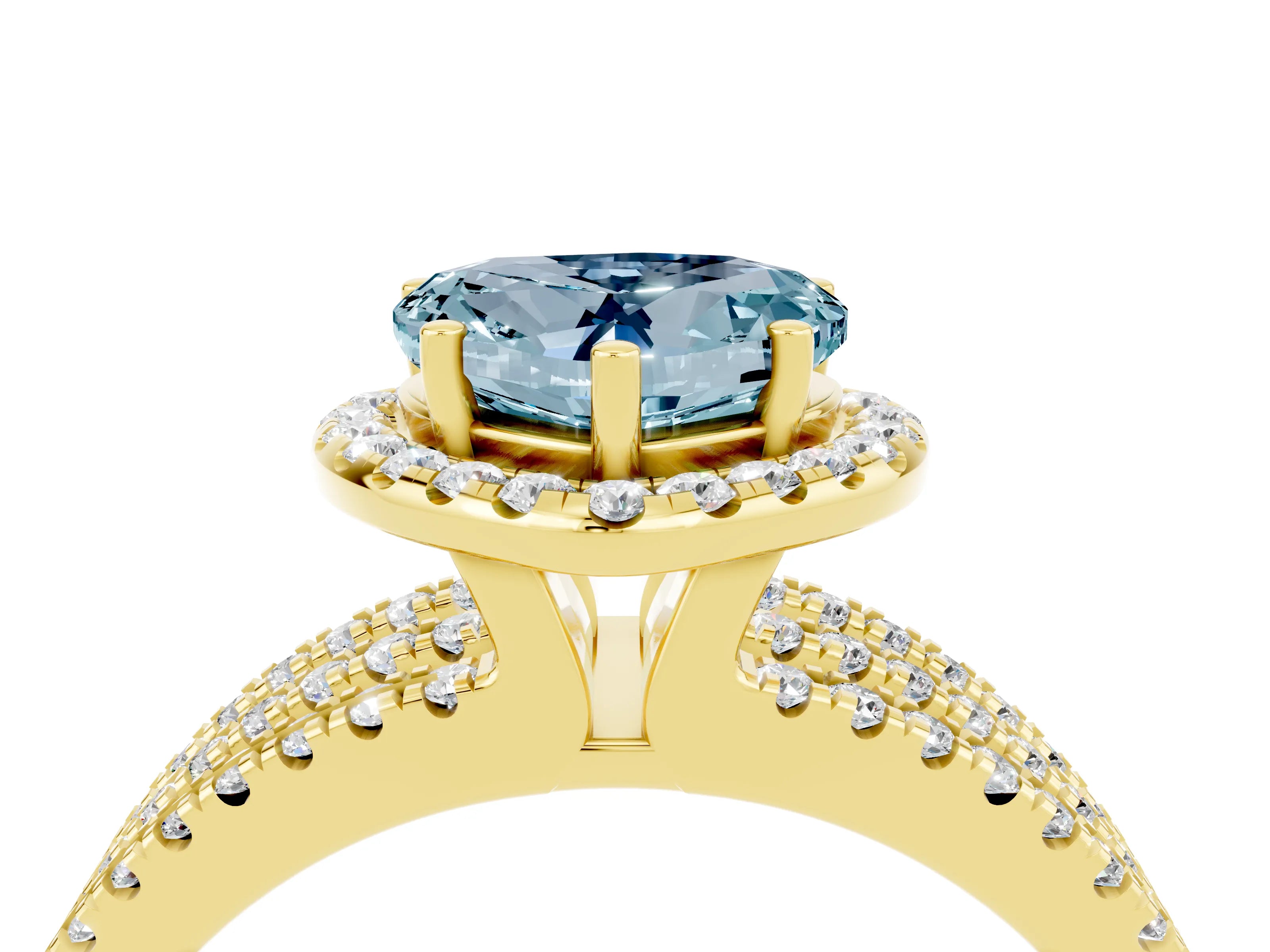 Yellow gold Heart Cut Aquamarine Halo Engagement Ring with Split Shank and Four-Prong Setting_4