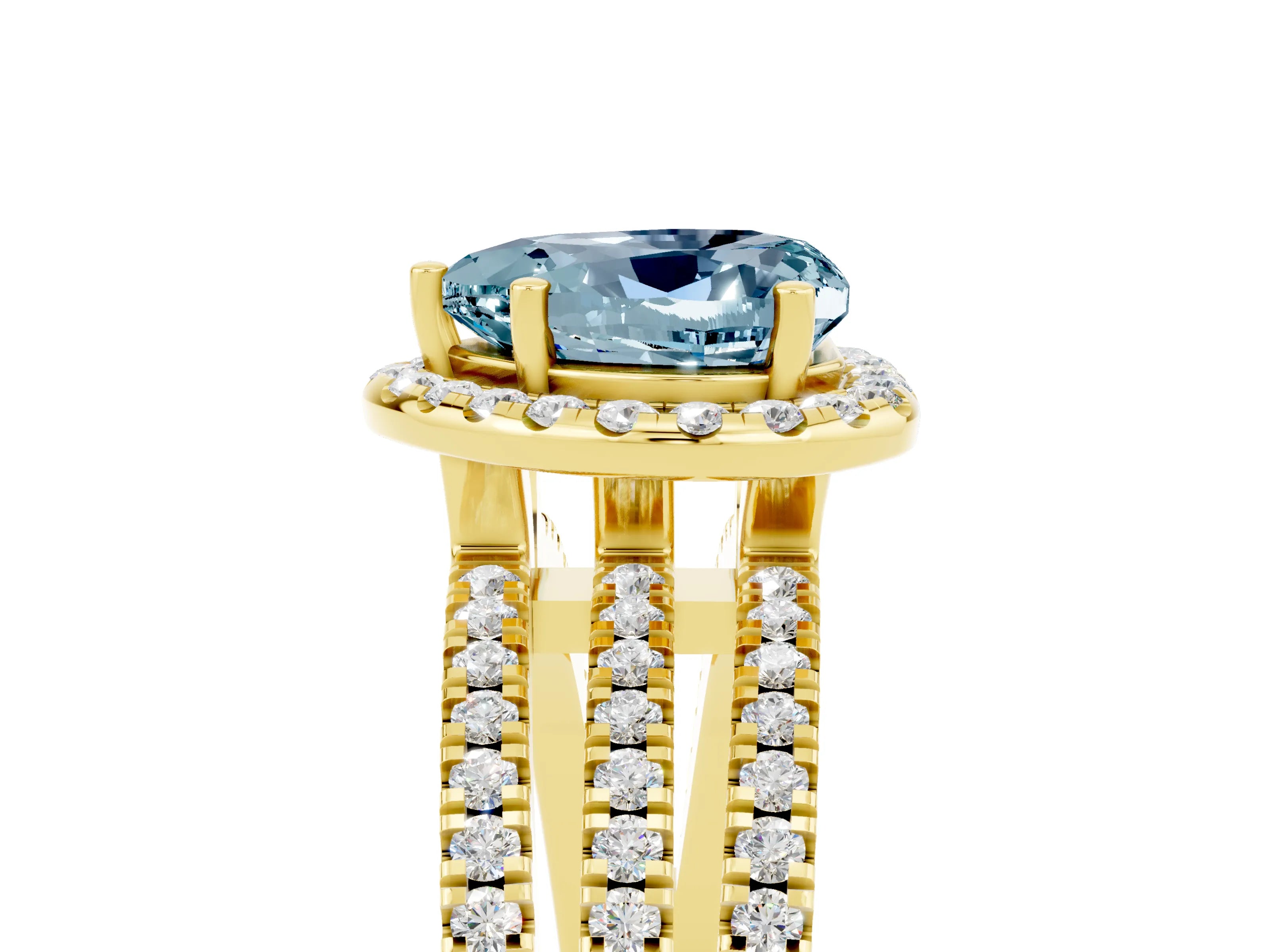 Yellow gold Heart Cut Aquamarine Halo Engagement Ring with Split Shank and Four-Prong Setting_5