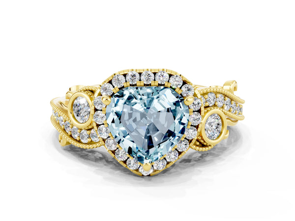 Yellow gold Heart Cut Aquamarine Halo Ring with Milgrain Pavé Band and Four-Prong Setting