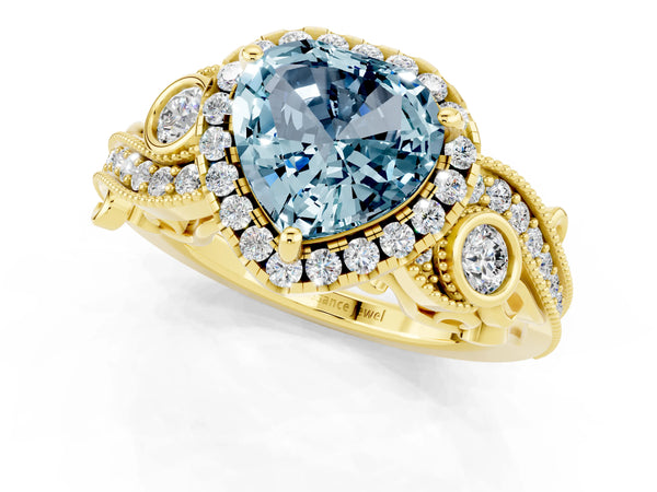 Yellow gold Heart Cut Aquamarine Halo Ring with Milgrain Pavé Band and Four-Prong Setting