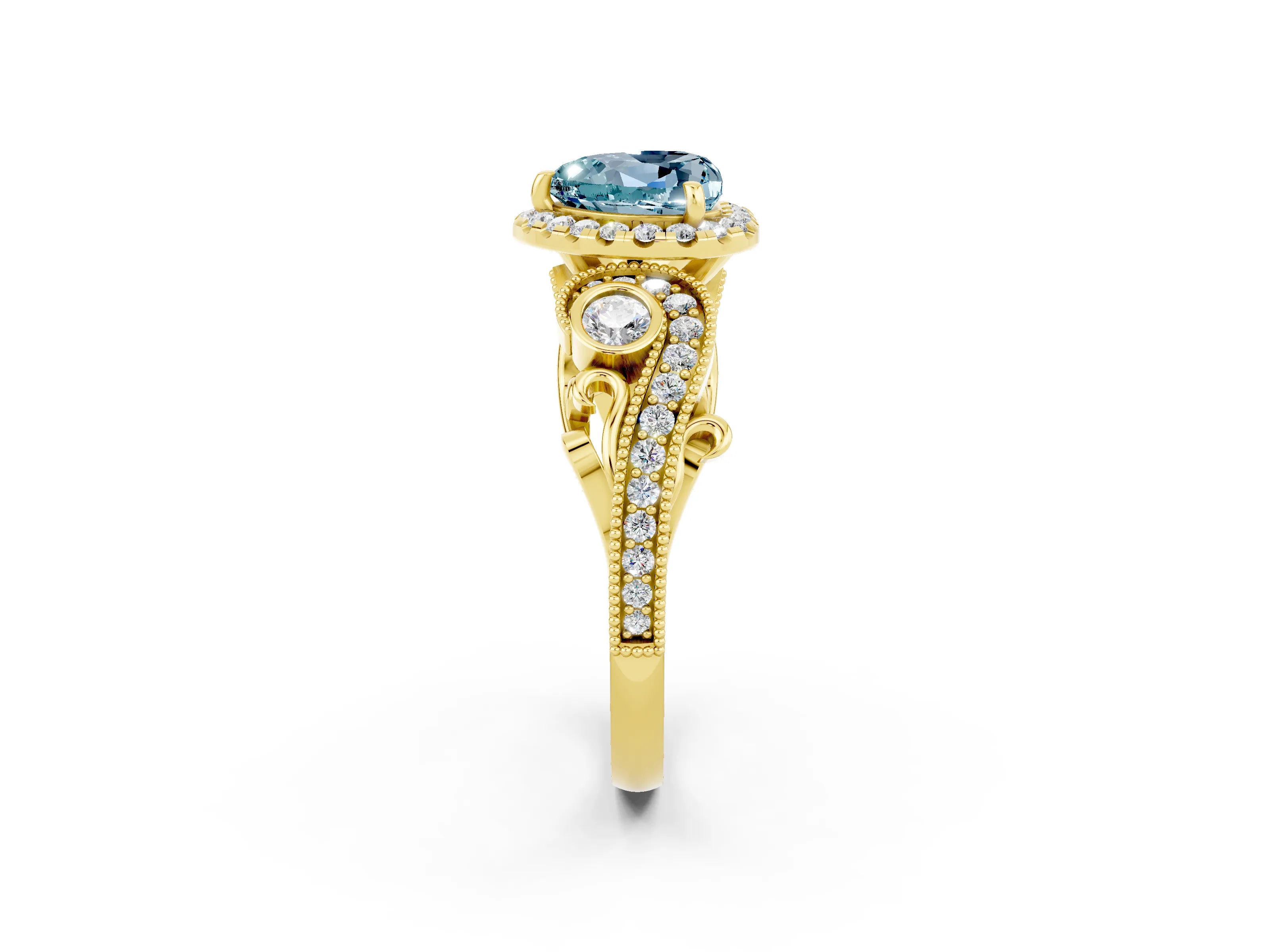 Yellow gold Heart Cut Aquamarine Halo Ring with Milgrain Pavé Band and Four-Prong Setting_14