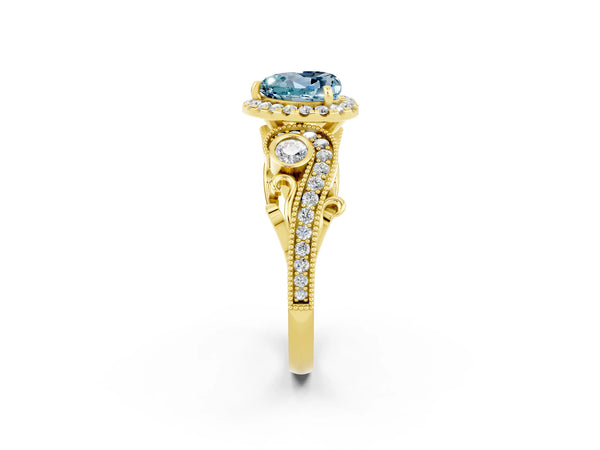Yellow gold Heart Cut Aquamarine Halo Ring with Milgrain Pavé Band and Four-Prong Setting
