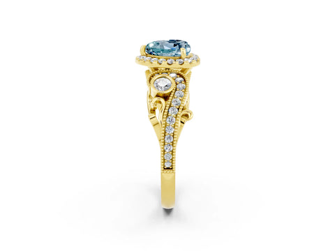 Yellow gold Heart Cut Aquamarine Halo Ring with Milgrain Pavé Band and Four-Prong Setting_14