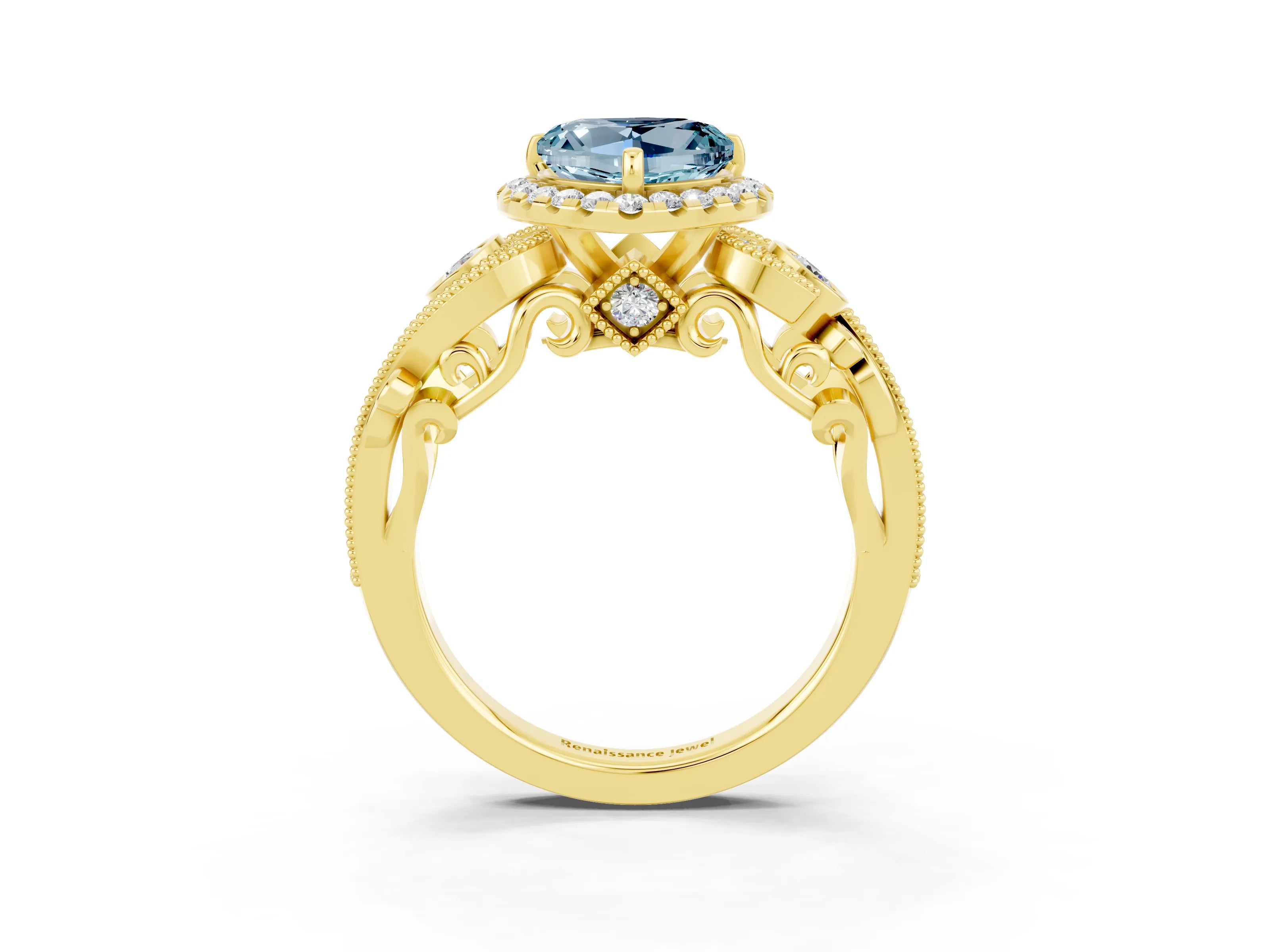 Yellow gold Heart Cut Aquamarine Halo Ring with Milgrain Pavé Band and Four-Prong Setting_15