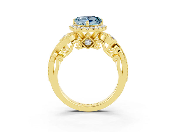 Yellow gold Heart Cut Aquamarine Halo Ring with Milgrain Pavé Band and Four-Prong Setting