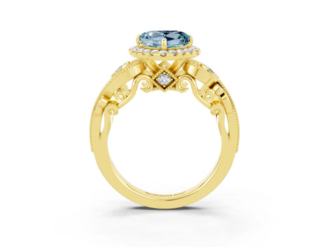 Yellow gold Heart Cut Aquamarine Halo Ring with Milgrain Pavé Band and Four-Prong Setting_15