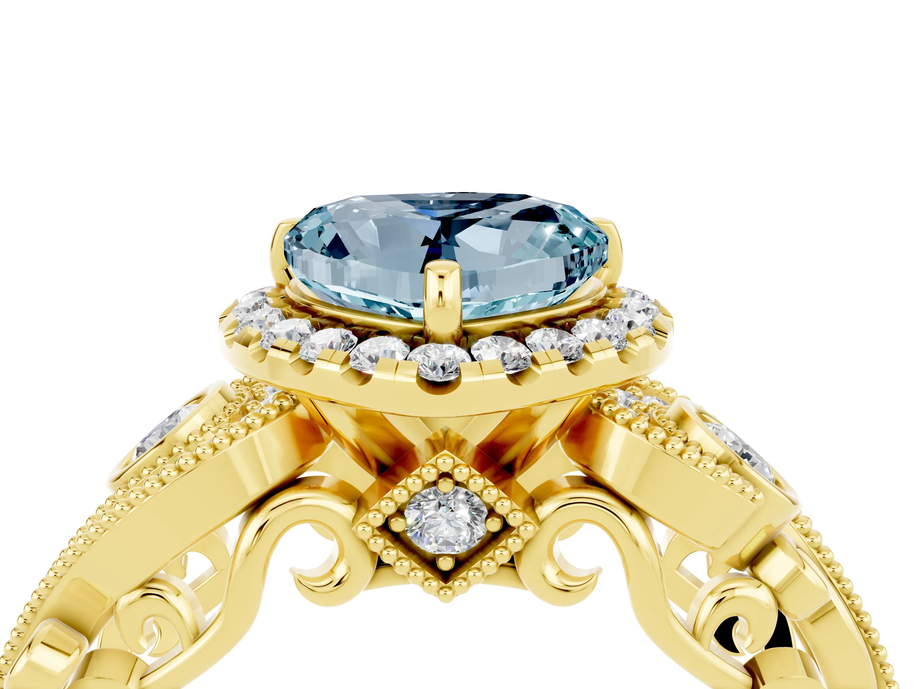 Yellow gold Heart Cut Aquamarine Halo Ring with Milgrain Pavé Band and Four-Prong Setting_16