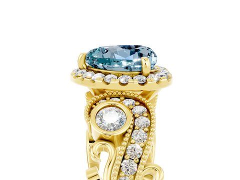 Yellow gold Heart Cut Aquamarine Halo Ring with Milgrain Pavé Band and Four-Prong Setting_17