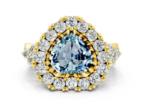Yellow gold Heart Cut Aquamarine Halo Ring with Pavé Band and Four-Prong Setting_12