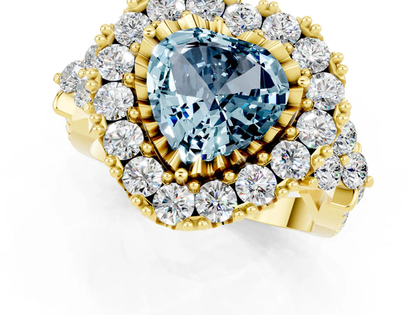 Yellow gold Heart Cut Aquamarine Halo Ring with Pavé Band and Four-Prong Setting