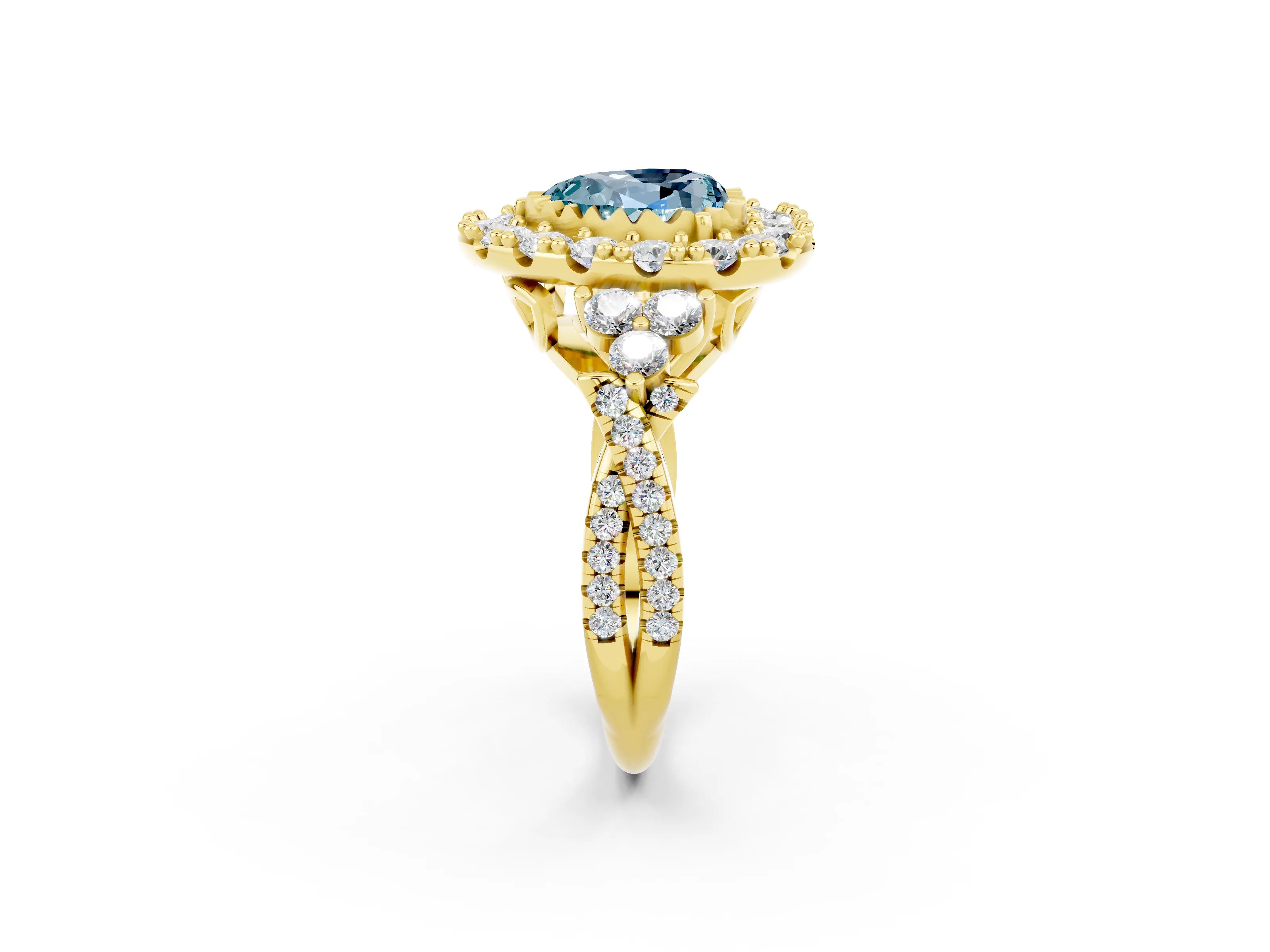 Yellow gold Heart Cut Aquamarine Halo Ring with Pavé Band and Four-Prong Setting_14