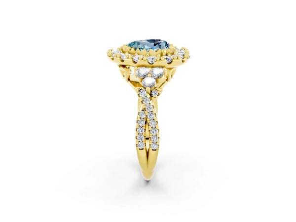 Yellow gold Heart Cut Aquamarine Halo Ring with Pavé Band and Four-Prong Setting
