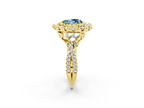 Yellow gold Heart Cut Aquamarine Halo Ring with Pavé Band and Four-Prong Setting_14
