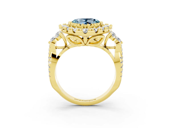 Yellow gold Heart Cut Aquamarine Halo Ring with Pavé Band and Four-Prong Setting