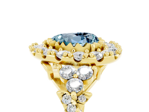 Yellow gold Heart Cut Aquamarine Halo Ring with Pavé Band and Four-Prong Setting_17