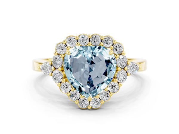 Yellow gold Heart Cut Aquamarine Halo Ring with Pear Side Stones and Prong Setting