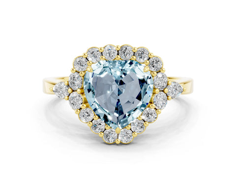 Yellow gold Heart Cut Aquamarine Halo Ring with Pear Side Stones and Prong Setting_12