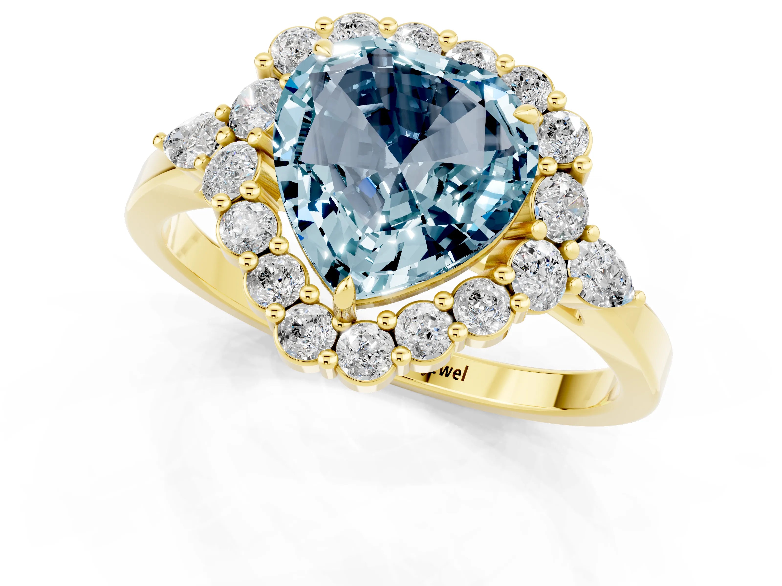 Yellow gold Heart Cut Aquamarine Halo Ring with Pear Side Stones and Prong Setting_13