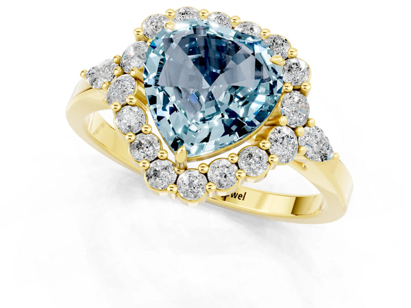 Yellow gold Heart Cut Aquamarine Halo Ring with Pear Side Stones and Prong Setting