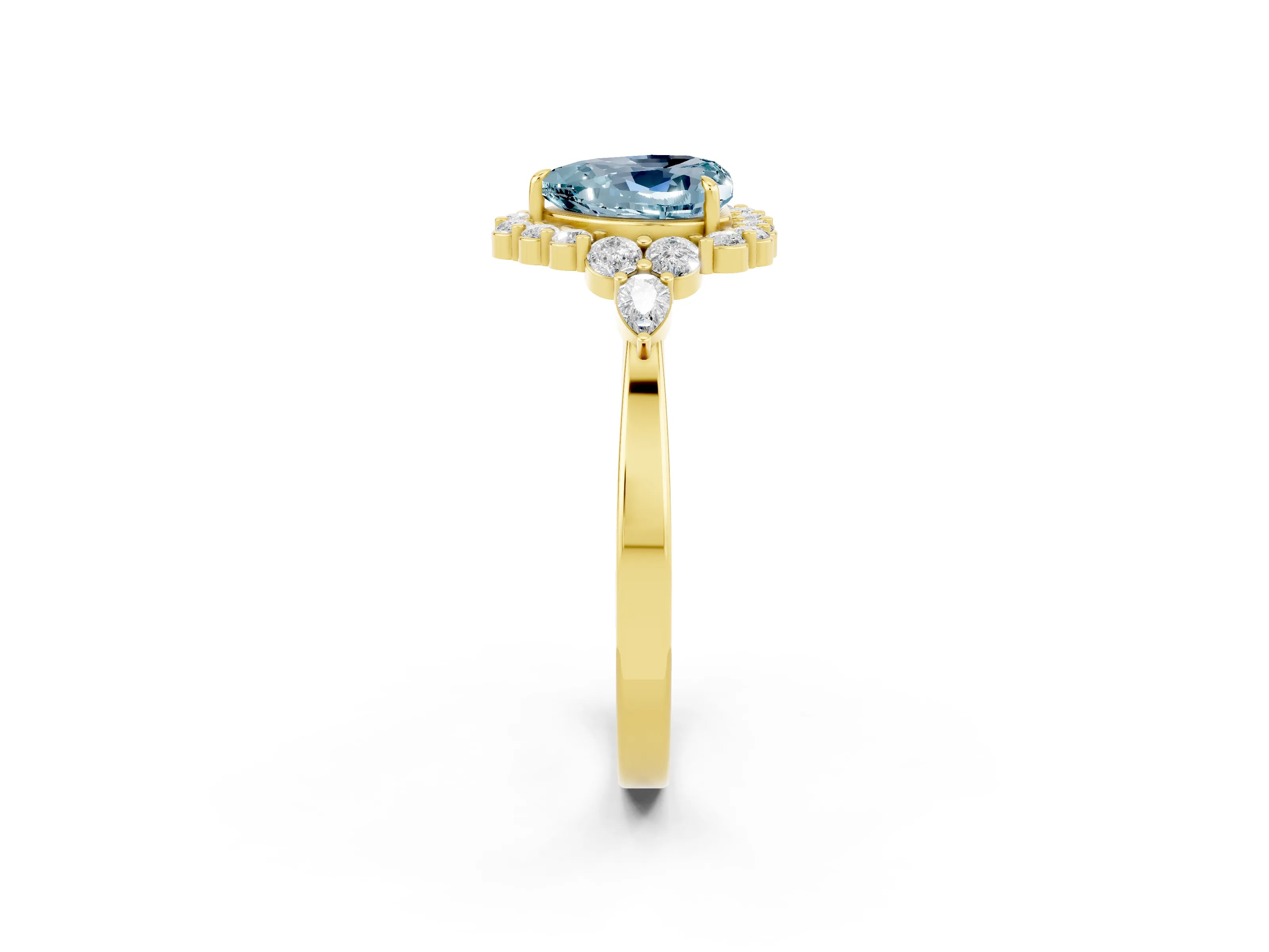 Yellow gold Heart Cut Aquamarine Halo Ring with Pear Side Stones and Prong Setting_14