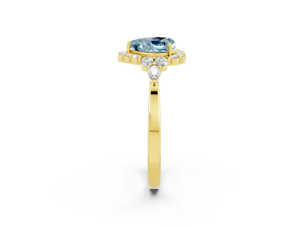 Yellow gold Heart Cut Aquamarine Halo Ring with Pear Side Stones and Prong Setting