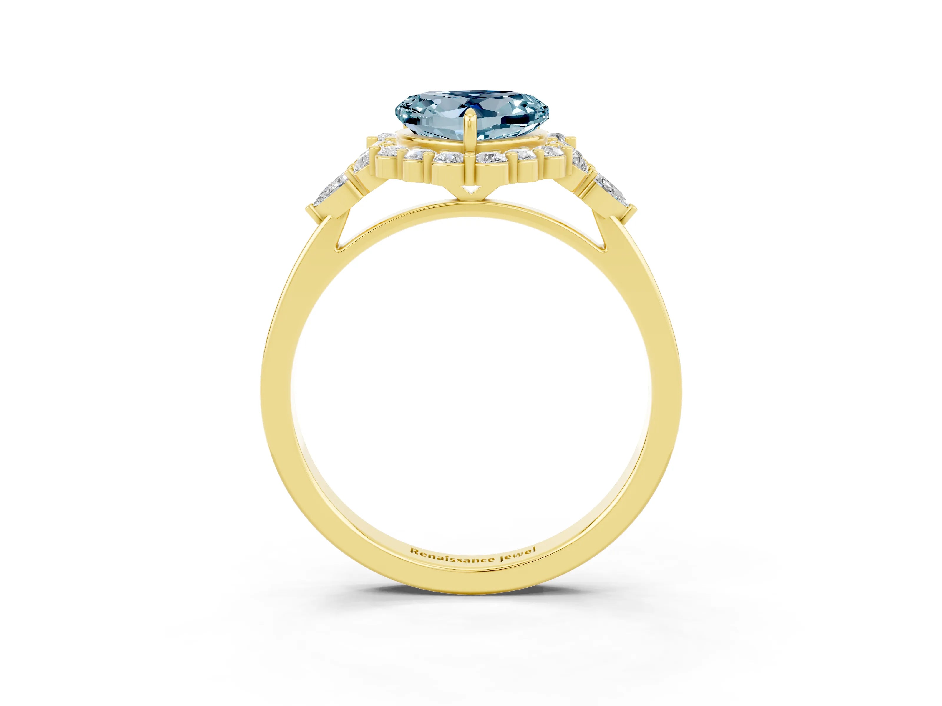 Yellow gold Heart Cut Aquamarine Halo Ring with Pear Side Stones and Prong Setting_15