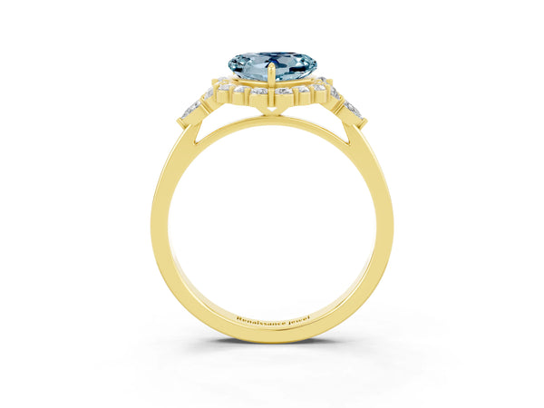 Yellow gold Heart Cut Aquamarine Halo Ring with Pear Side Stones and Prong Setting