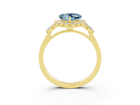 Yellow gold Heart Cut Aquamarine Halo Ring with Pear Side Stones and Prong Setting_15