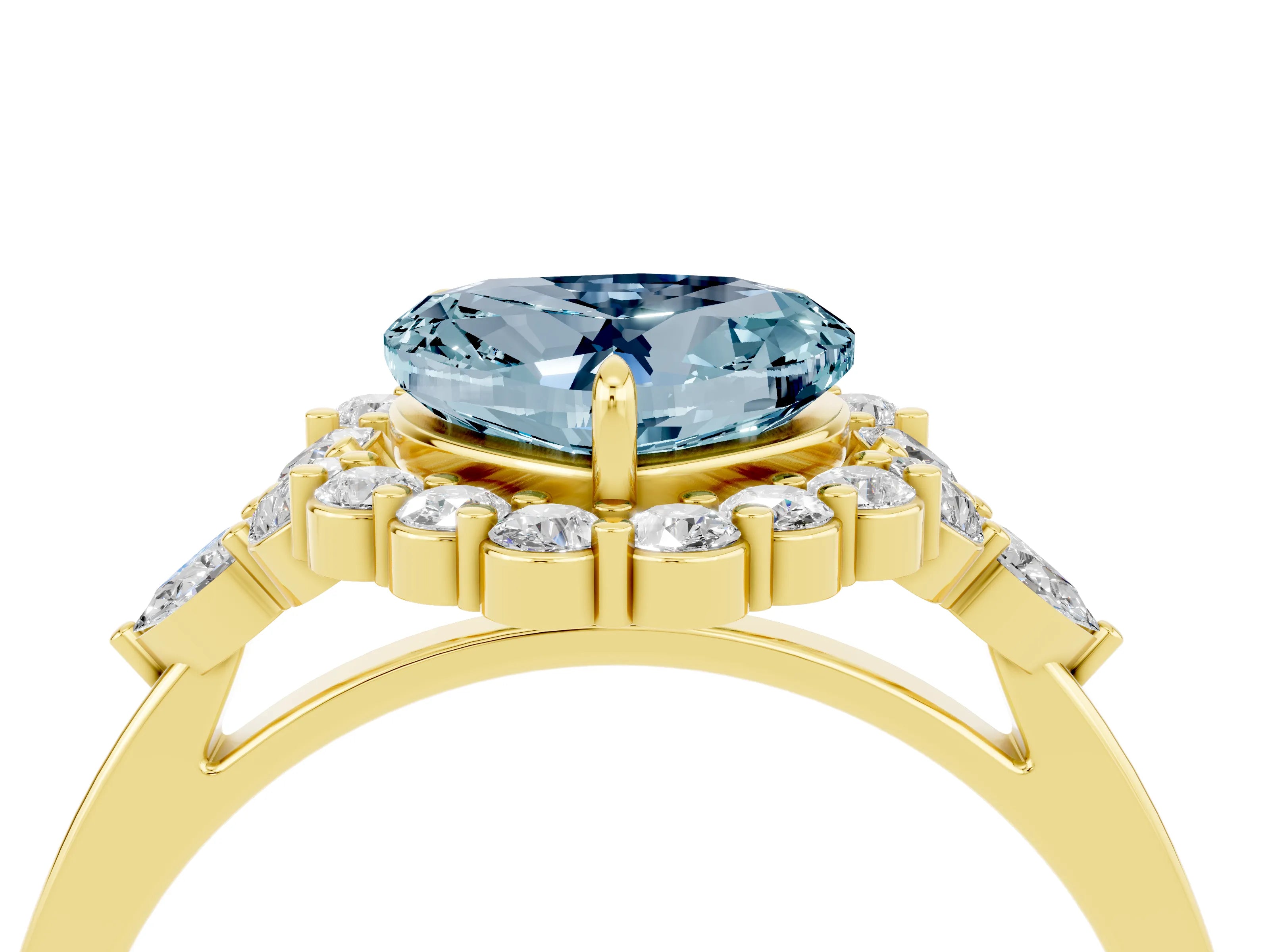Yellow gold Heart Cut Aquamarine Halo Ring with Pear Side Stones and Prong Setting_16