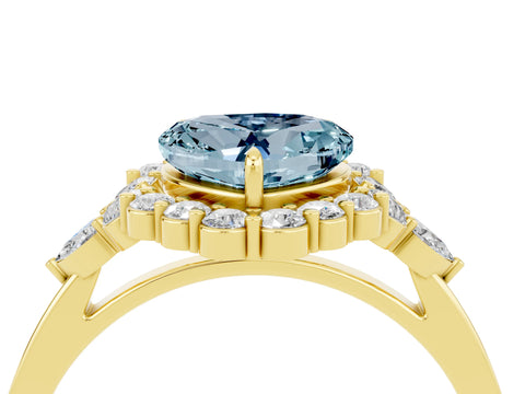 Yellow gold Heart Cut Aquamarine Halo Ring with Pear Side Stones and Prong Setting_16