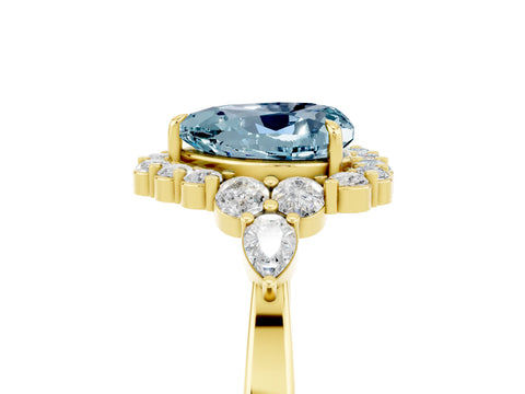 Yellow gold Heart Cut Aquamarine Halo Ring with Pear Side Stones and Prong Setting_17