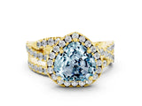 Yellow gold Heart Cut Aquamarine Halo Ring with Round Split Shank and Prong Setting_48