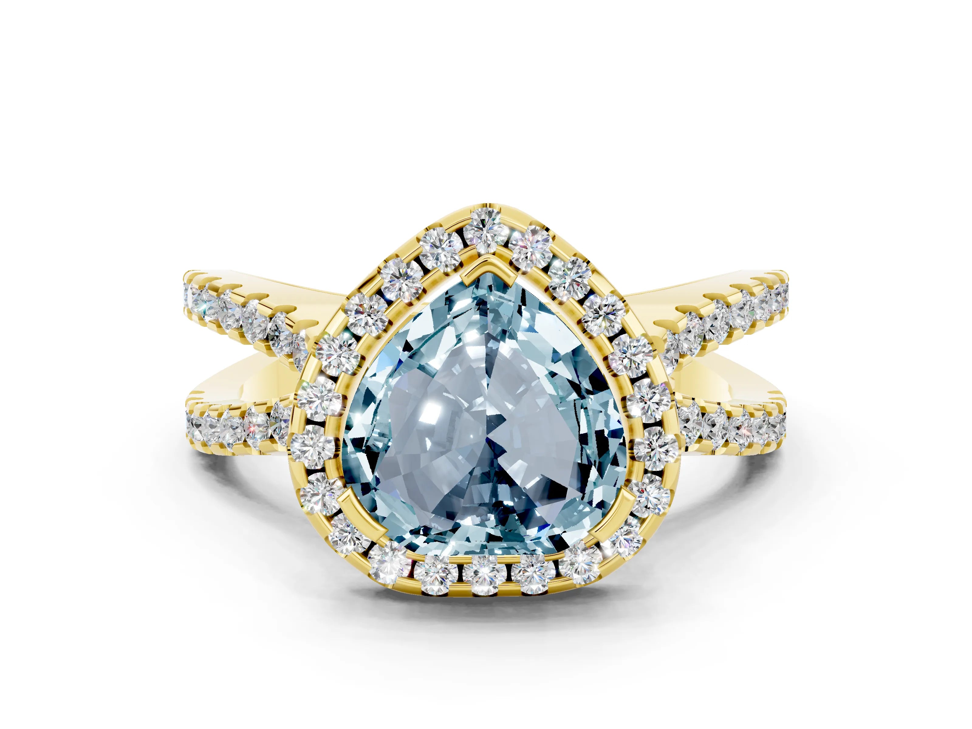 Yellow gold Heart Cut Aquamarine Halo Ring with Split Shank Pavé Band and Prong Setting