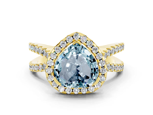 Yellow gold Heart Cut Aquamarine Halo Ring with Split Shank Pavé Band and Prong Setting