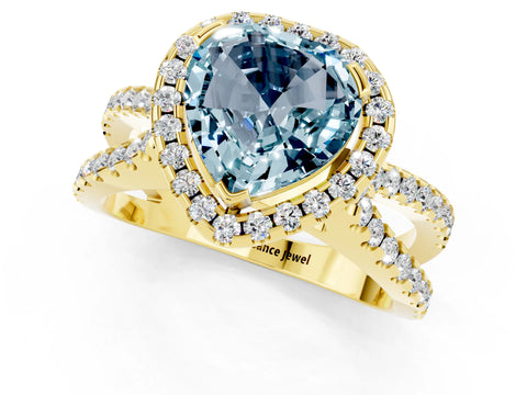 Yellow gold Heart Cut Aquamarine Halo Ring with Split Shank Pavé Band and Prong Setting_1