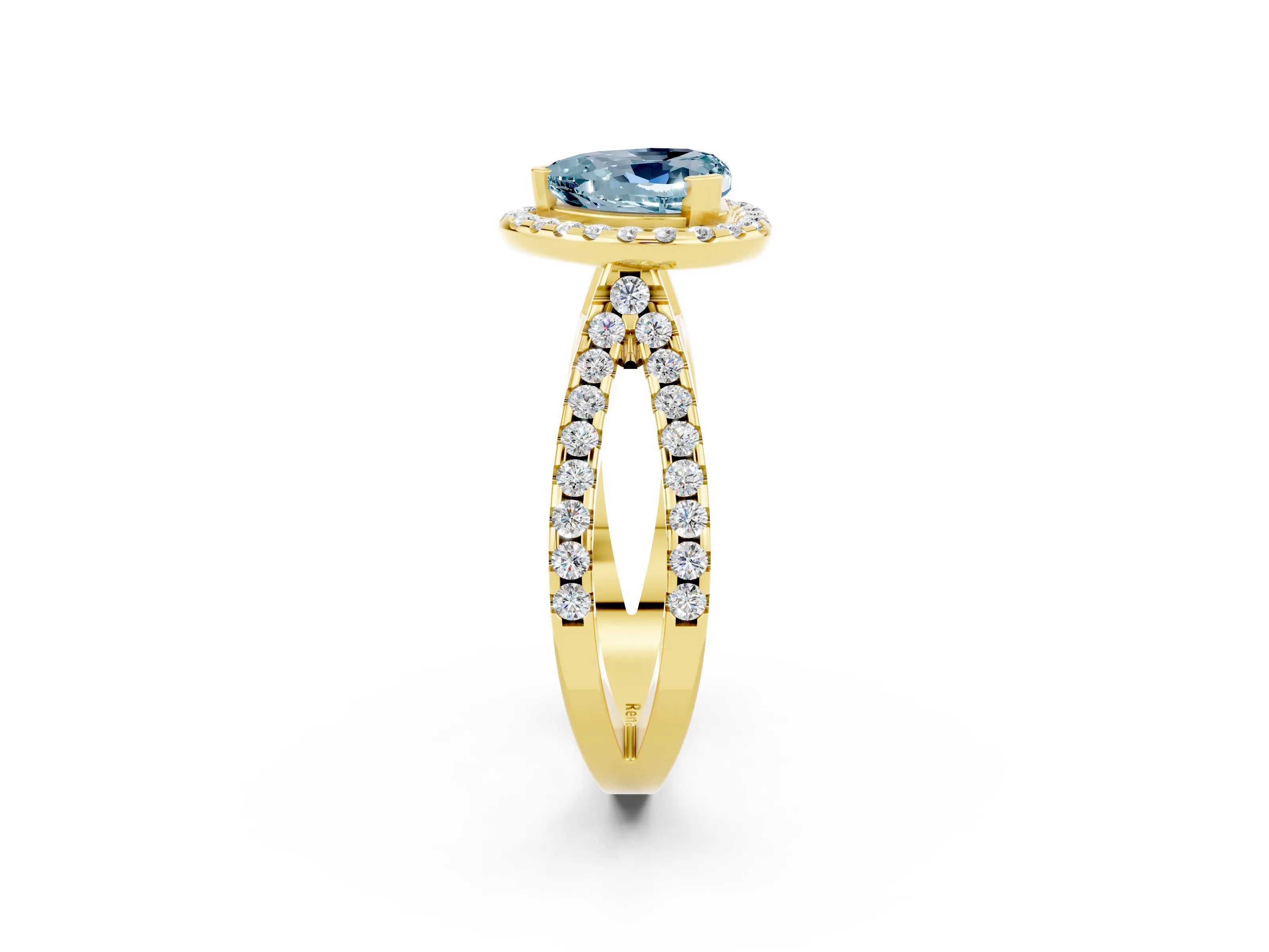 Yellow gold Heart Cut Aquamarine Halo Ring with Split Shank Pavé Band and Prong Setting_2
