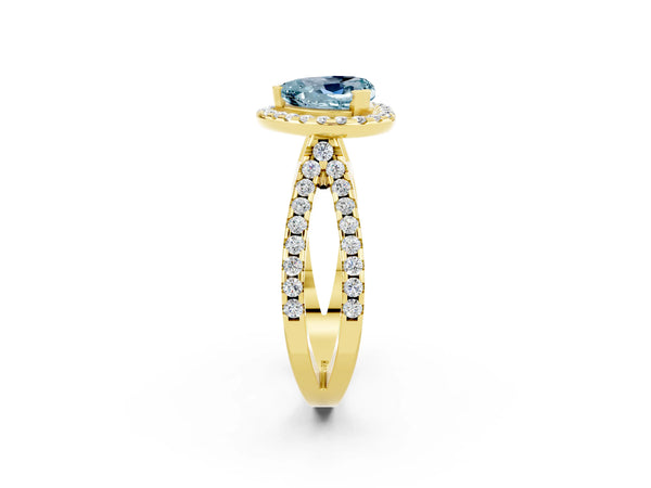 Yellow gold Heart Cut Aquamarine Halo Ring with Split Shank Pavé Band and Prong Setting