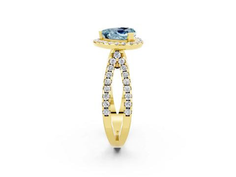 Yellow gold Heart Cut Aquamarine Halo Ring with Split Shank Pavé Band and Prong Setting_2