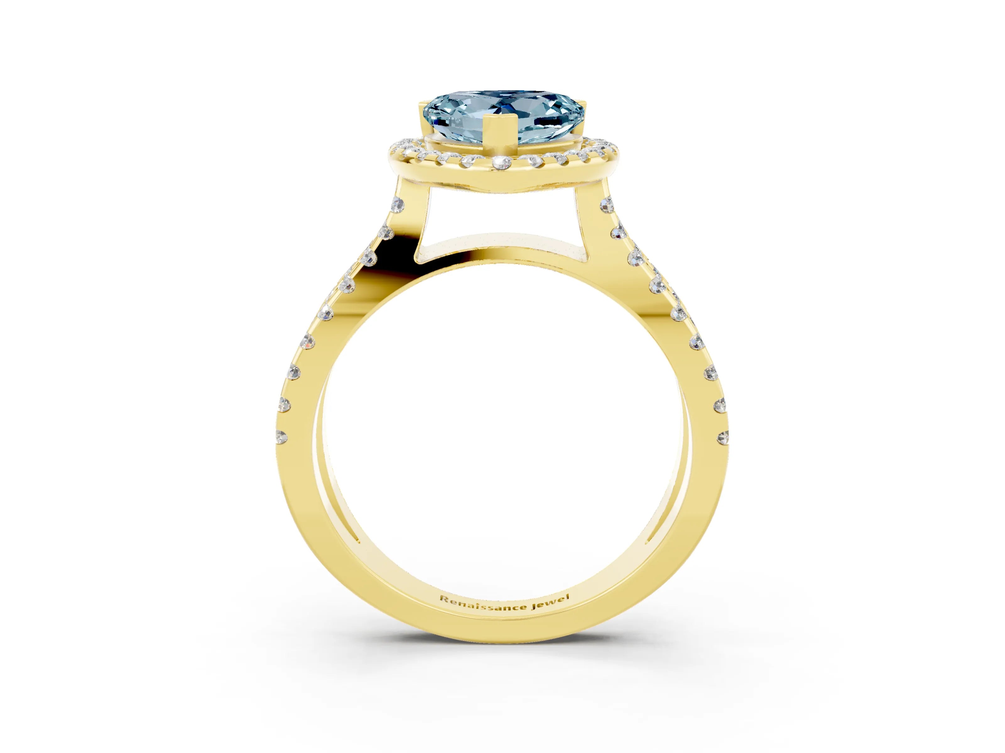 Yellow gold Heart Cut Aquamarine Halo Ring with Split Shank Pavé Band and Prong Setting_3