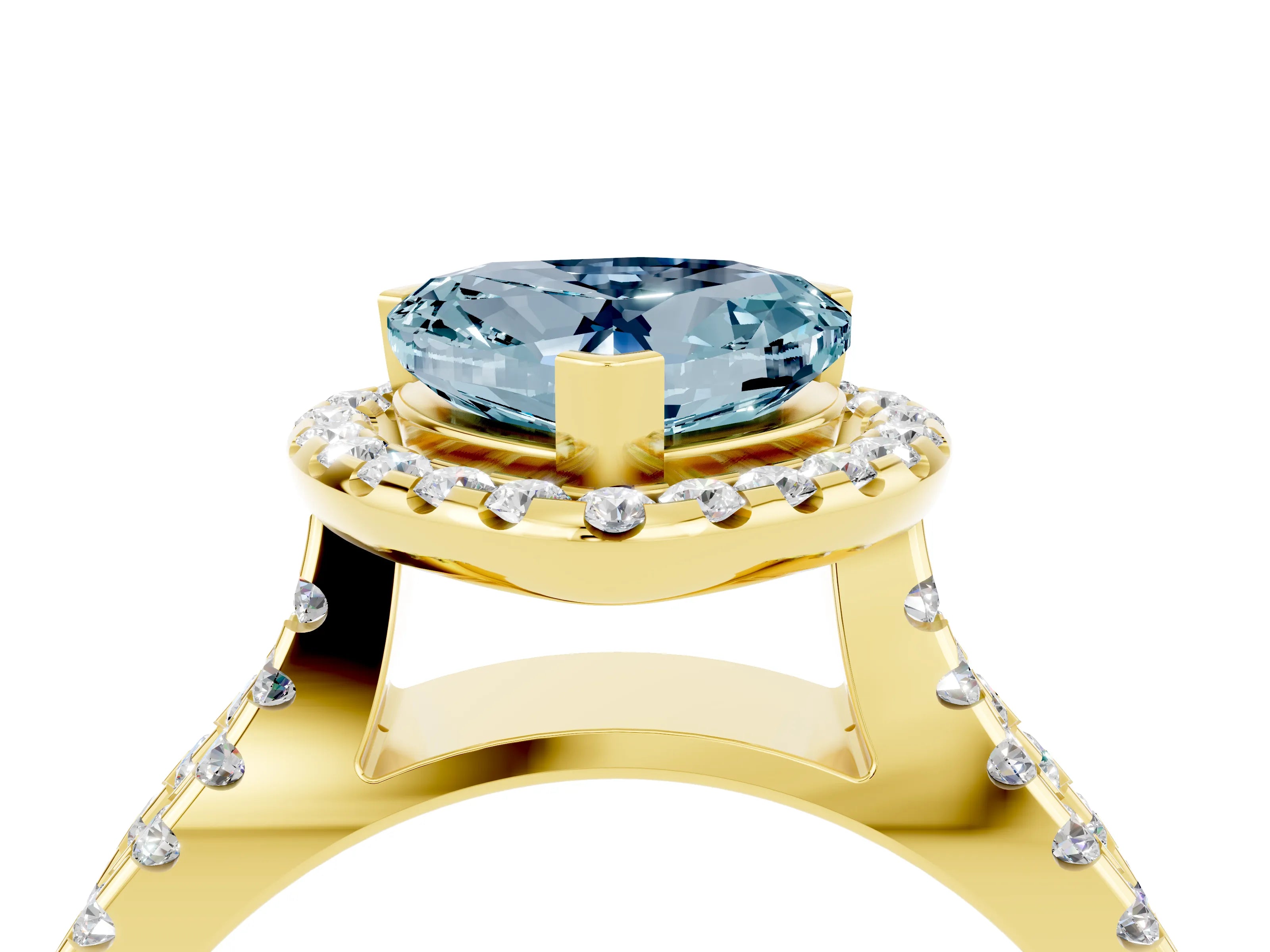 Yellow gold Heart Cut Aquamarine Halo Ring with Split Shank Pavé Band and Prong Setting_4