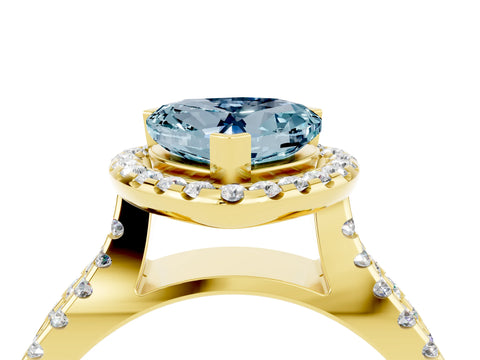 Yellow gold Heart Cut Aquamarine Halo Ring with Split Shank Pavé Band and Prong Setting_4
