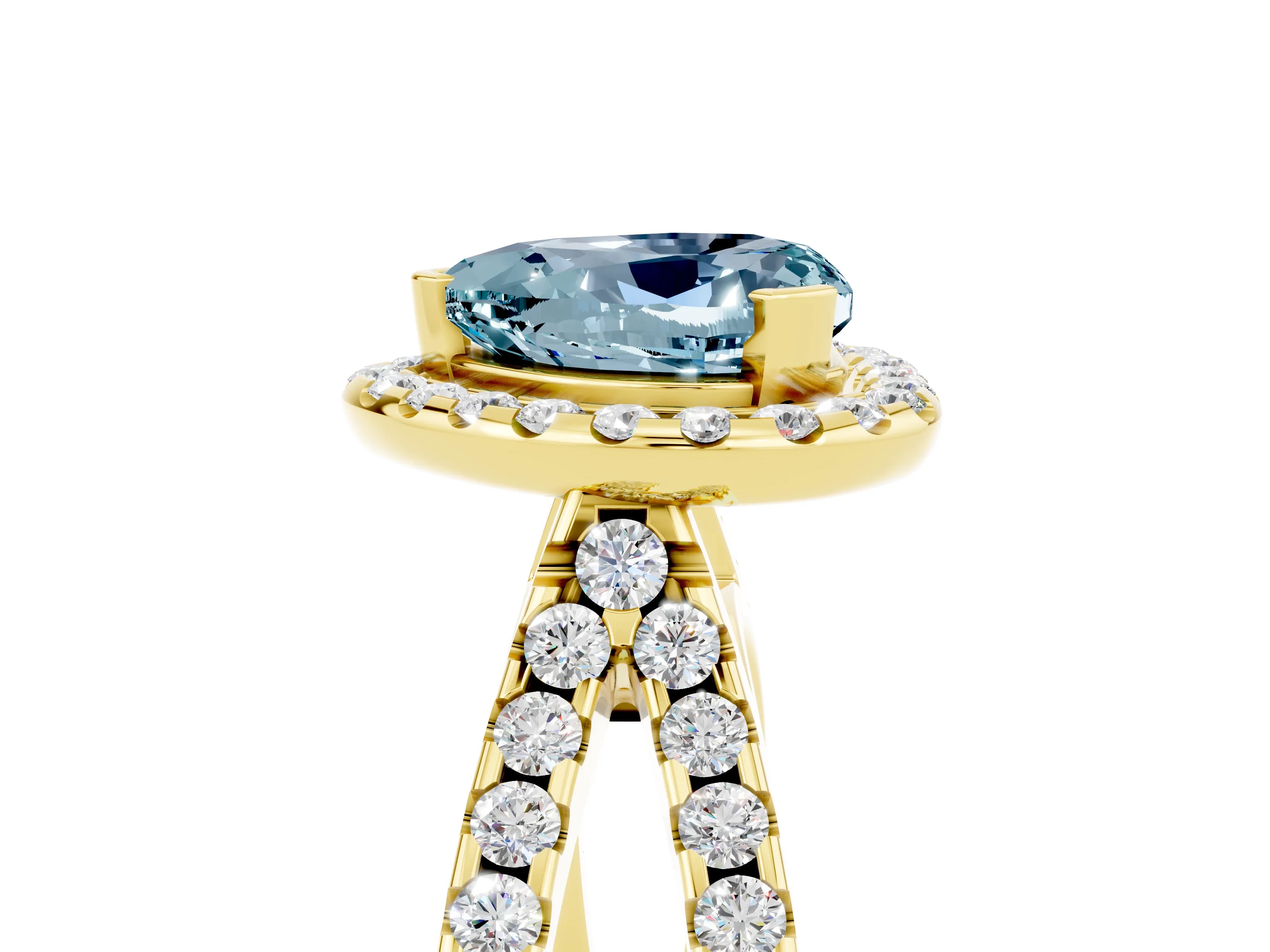 Yellow gold Heart Cut Aquamarine Halo Ring with Split Shank Pavé Band and Prong Setting_5