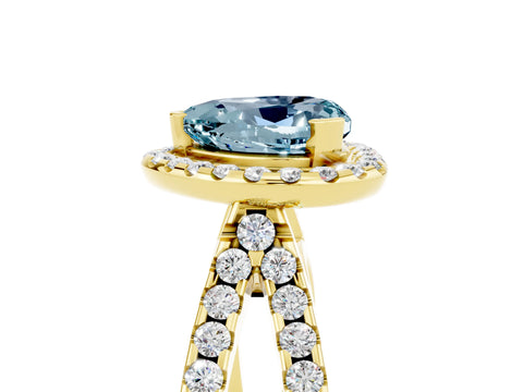 Yellow gold Heart Cut Aquamarine Halo Ring with Split Shank Pavé Band and Prong Setting_5