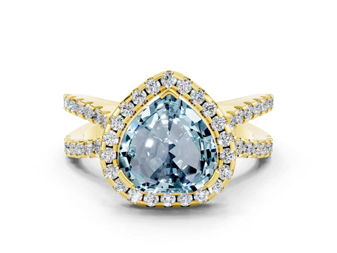 Yellow gold Heart Cut Aquamarine Halo Ring with Split Shank Pavé Band and Prong Setting