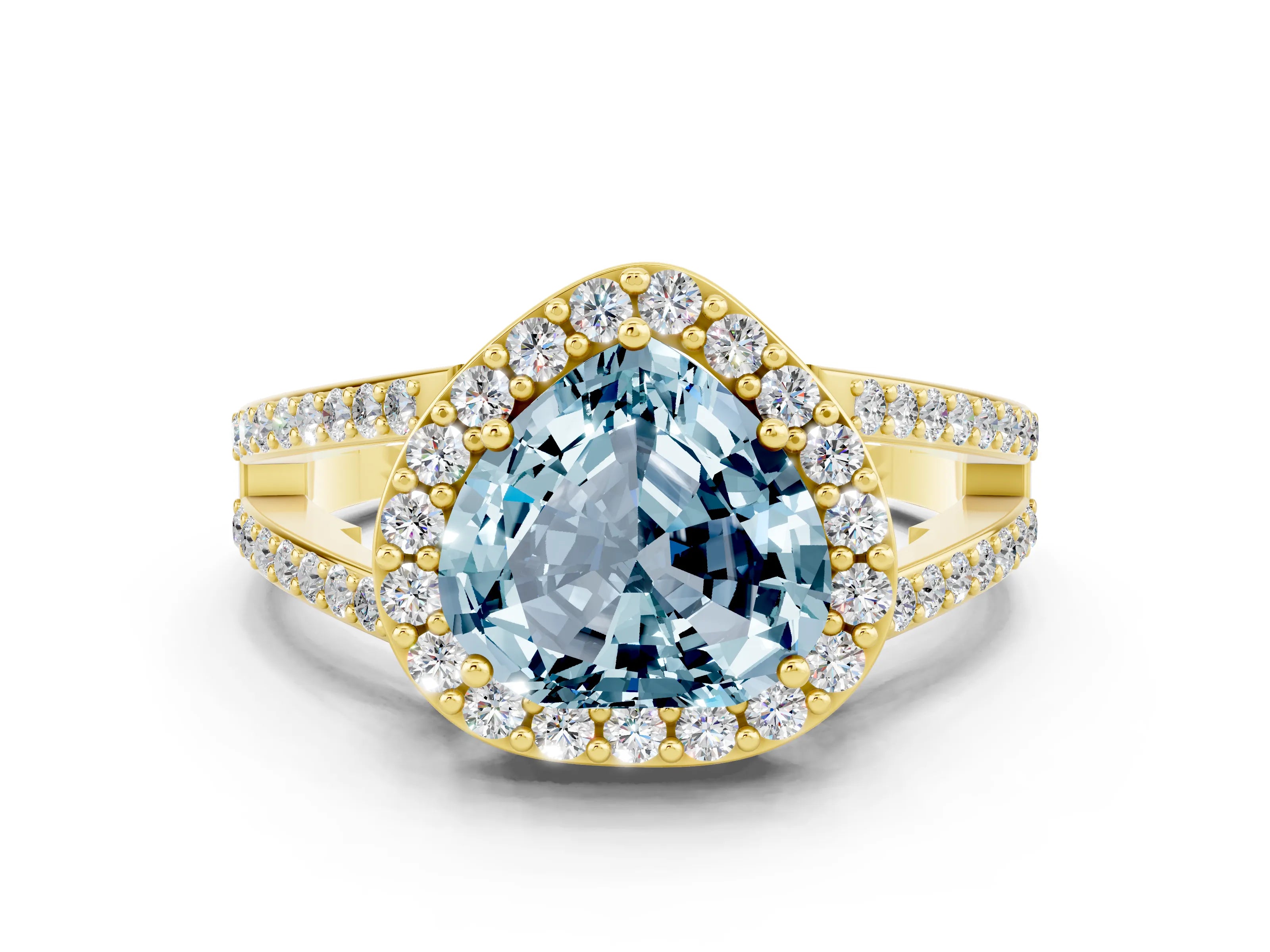 Yellow gold Heart Cut Aquamarine Halo Ring with Split Shank U-Prong Band and Four-Prong Setting