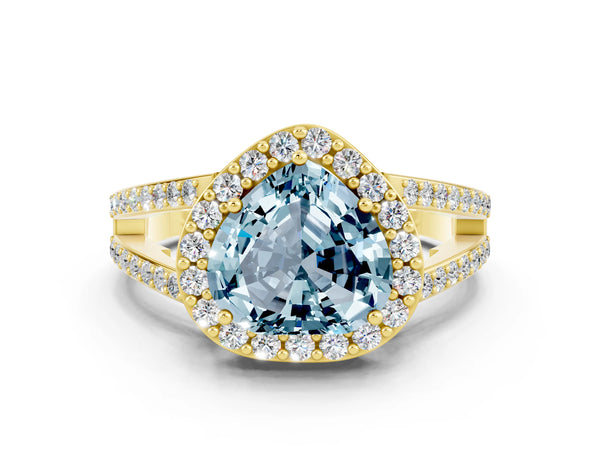 Yellow gold Heart Cut Aquamarine Halo Ring with Split Shank U-Prong Band and Four-Prong Setting