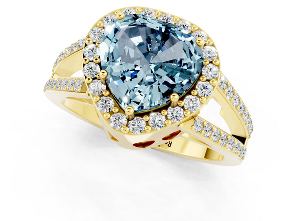 Yellow gold Heart Cut Aquamarine Halo Ring with Split Shank U-Prong Band and Four-Prong Setting