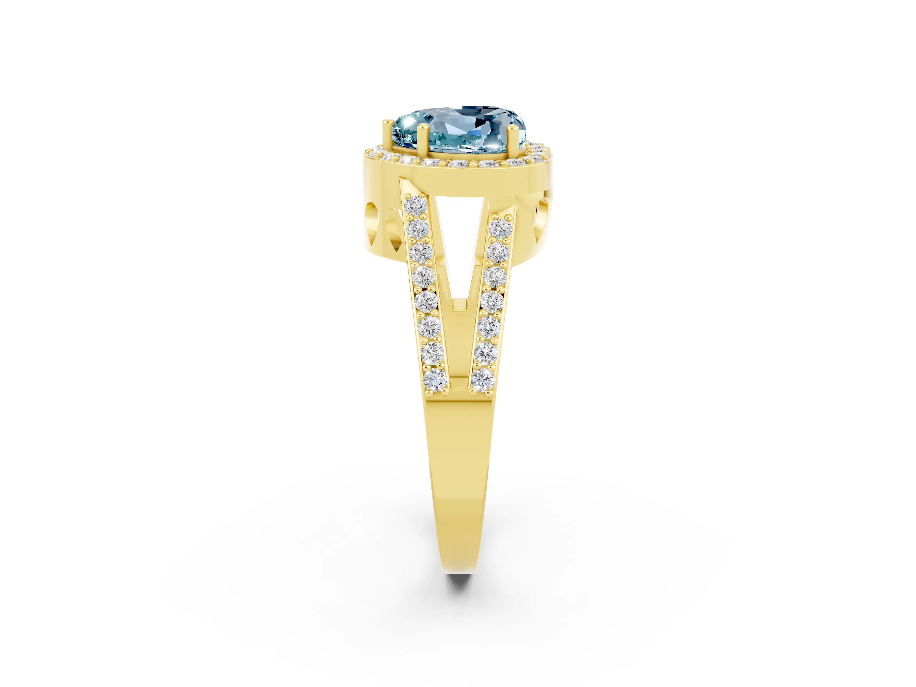 Yellow gold Heart Cut Aquamarine Halo Ring with Split Shank U-Prong Band and Four-Prong Setting_2
