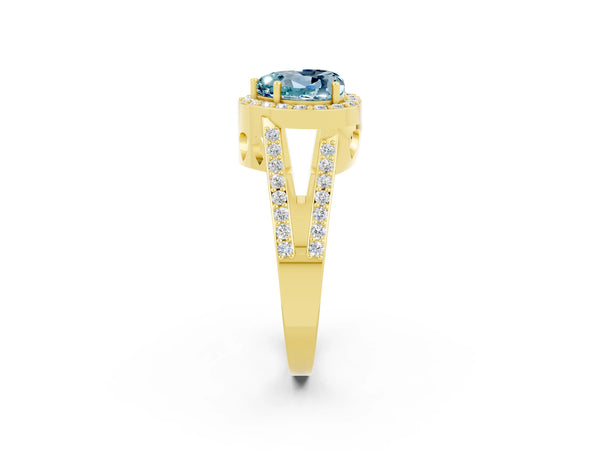 Yellow gold Heart Cut Aquamarine Halo Ring with Split Shank U-Prong Band and Four-Prong Setting