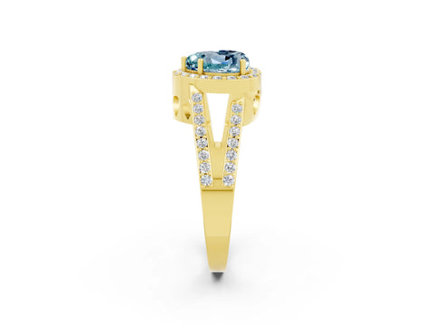 Yellow gold Heart Cut Aquamarine Halo Ring with Split Shank U-Prong Band and Four-Prong Setting_2